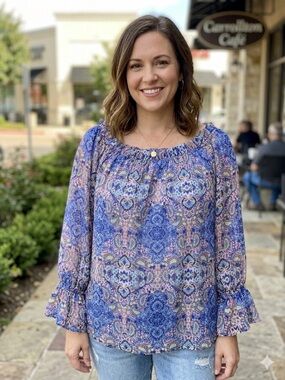 Elle Sky Boho Blue Paisley On or Off the Shoulder Peasant Top 3/4 Sleeves XXL